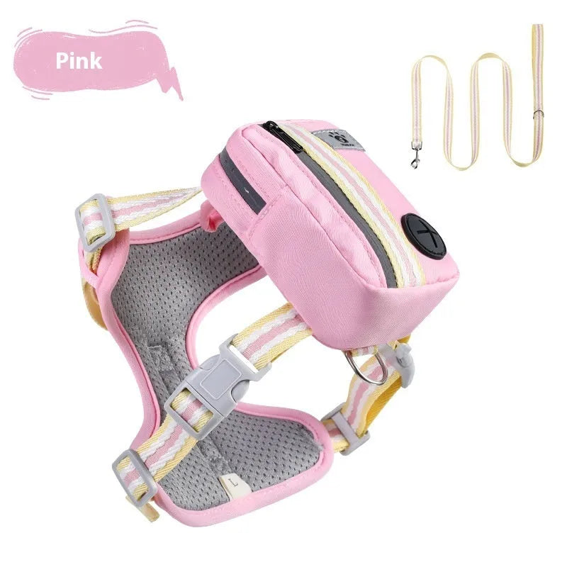 Pink anti-strangulation dog harness and lead made from Oxford cloth, shown with a 1.5 metre rope.