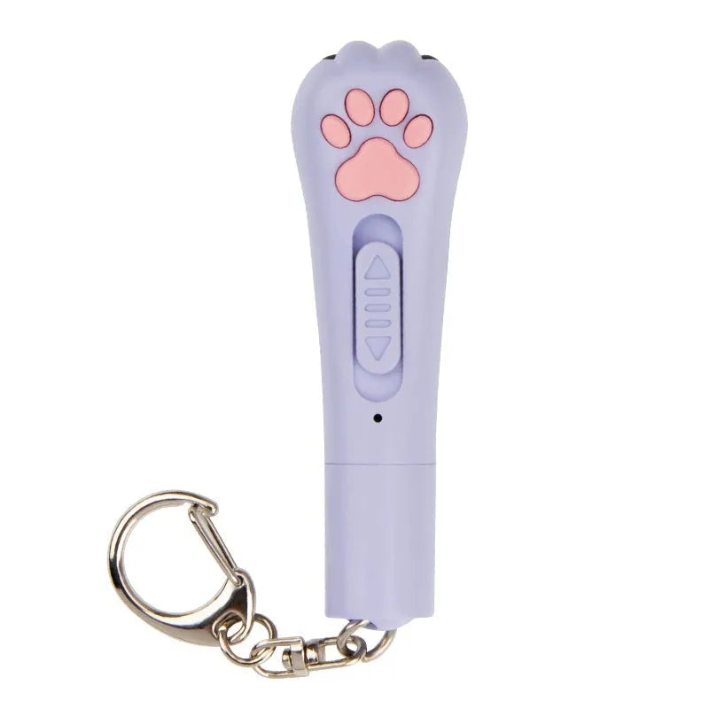 Blue rechargeable infrared cat toy projecting laser footprints on floor with separate cat teasing stick.