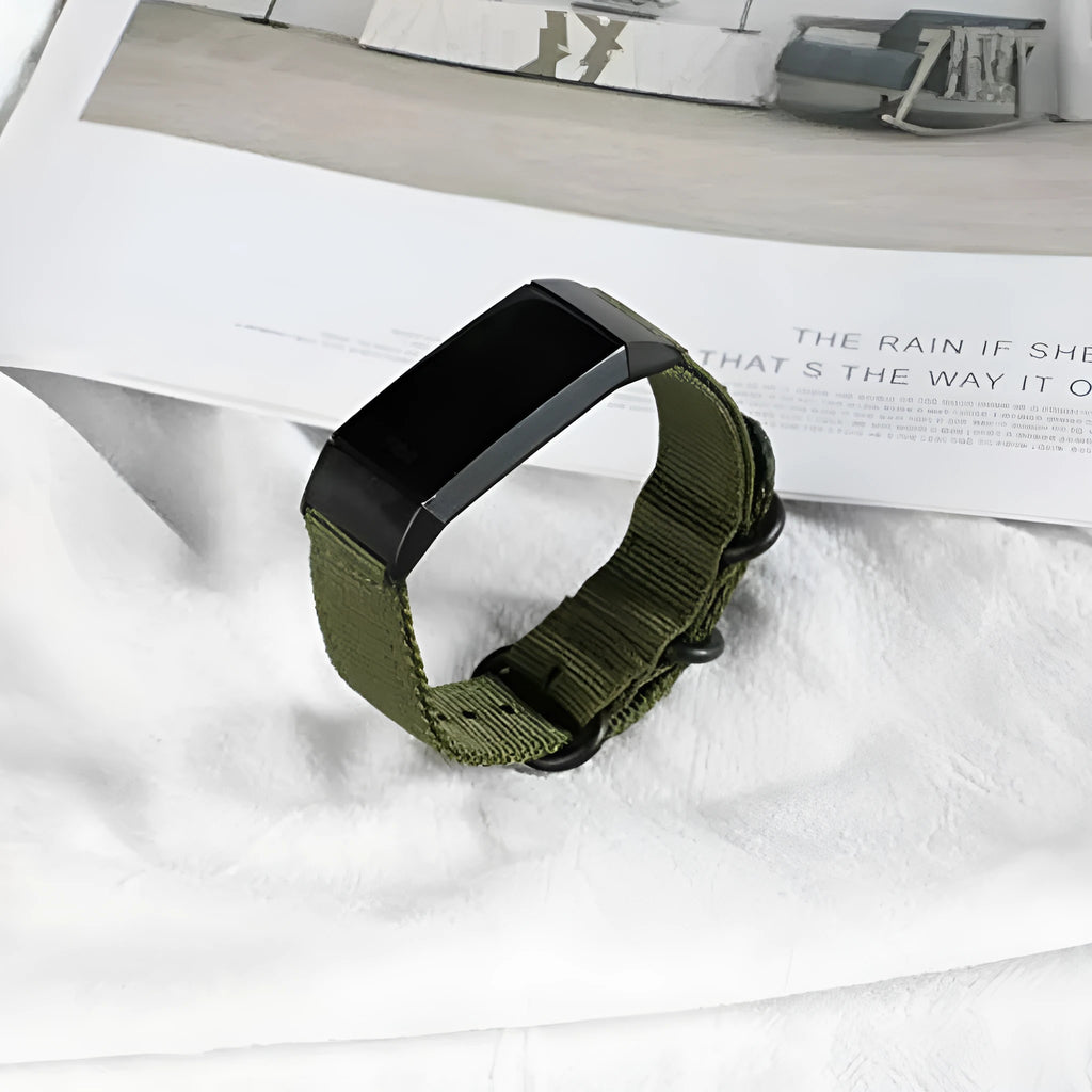 Fitbit Charge nylon replacement strap with three-ring buckle in army green colour.