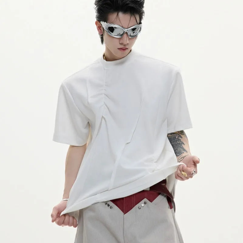 Men's cotton loose fit round neck t-shirt with pleated detailing in black, grey and white colours