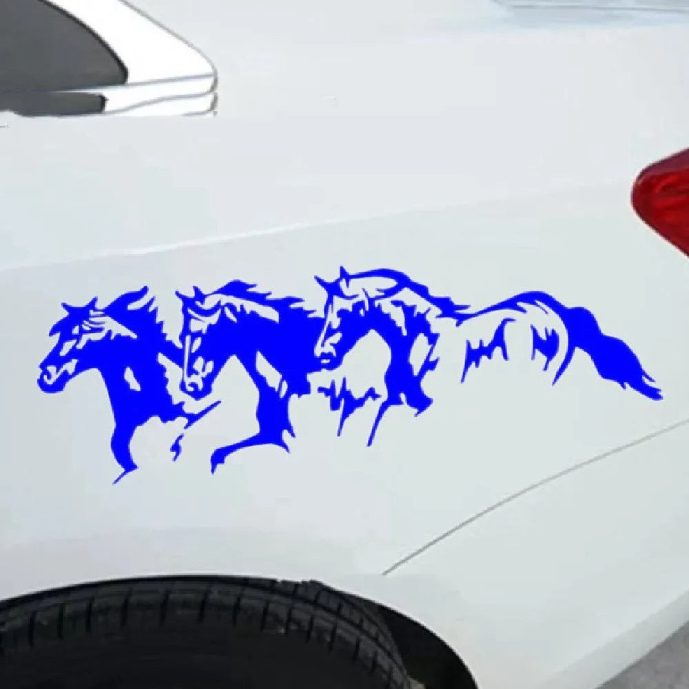 Three Horses car decal sticker with steed design in black, white, red, or blue, showing 25x8cm size.