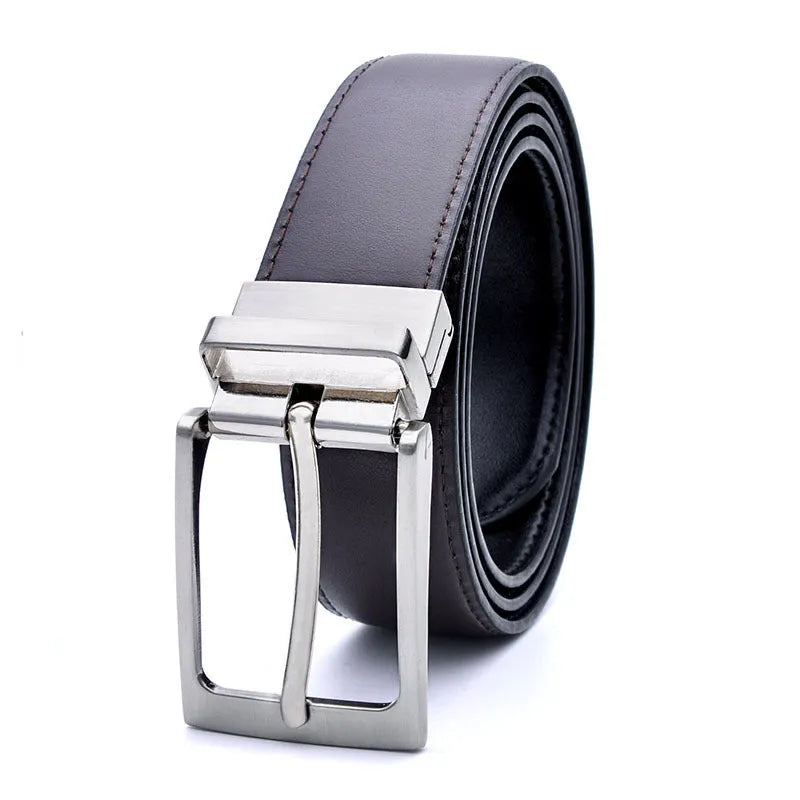 Men's brown and black genuine leather belt with rotating alloy pin buckle showing length adjustment