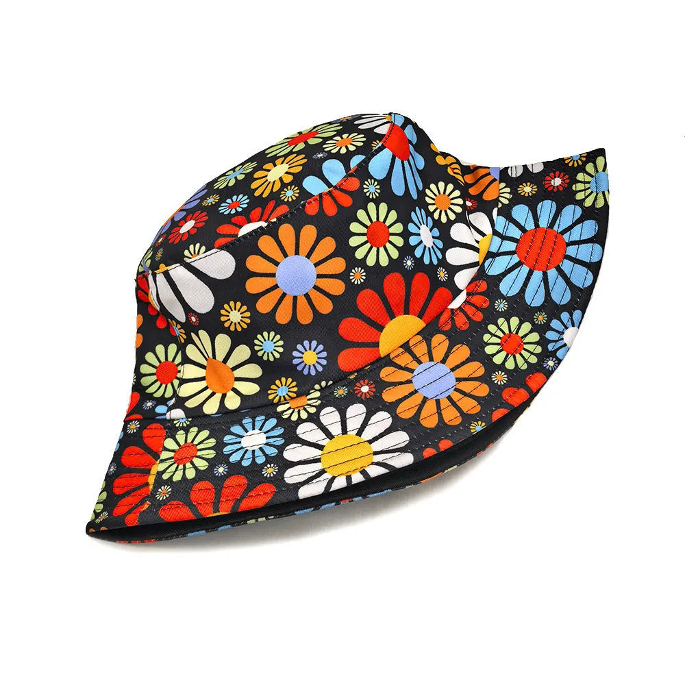 Colourful flower pattern polyester bucket hat with dome crown