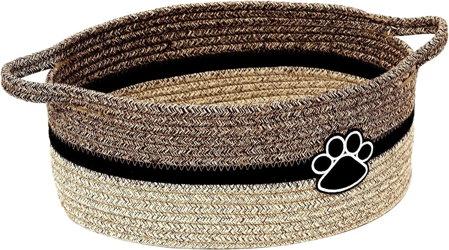 Handmade light beige woven cotton rope storage basket with wood and a handle.