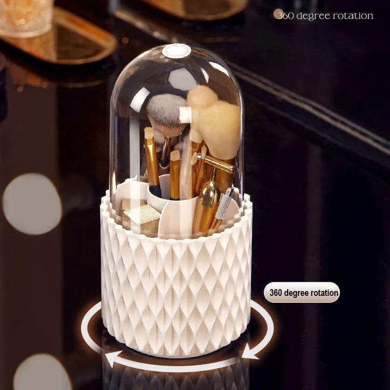 White rotating transparent makeup brush storage organiser with dust cover on desktop