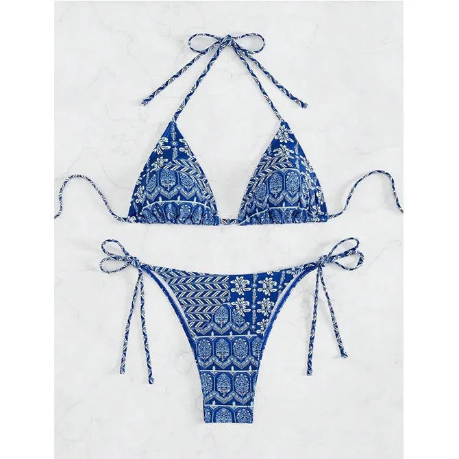 Women's split bikini swimsuit with stitching bandage design in polyester fabric for swimming