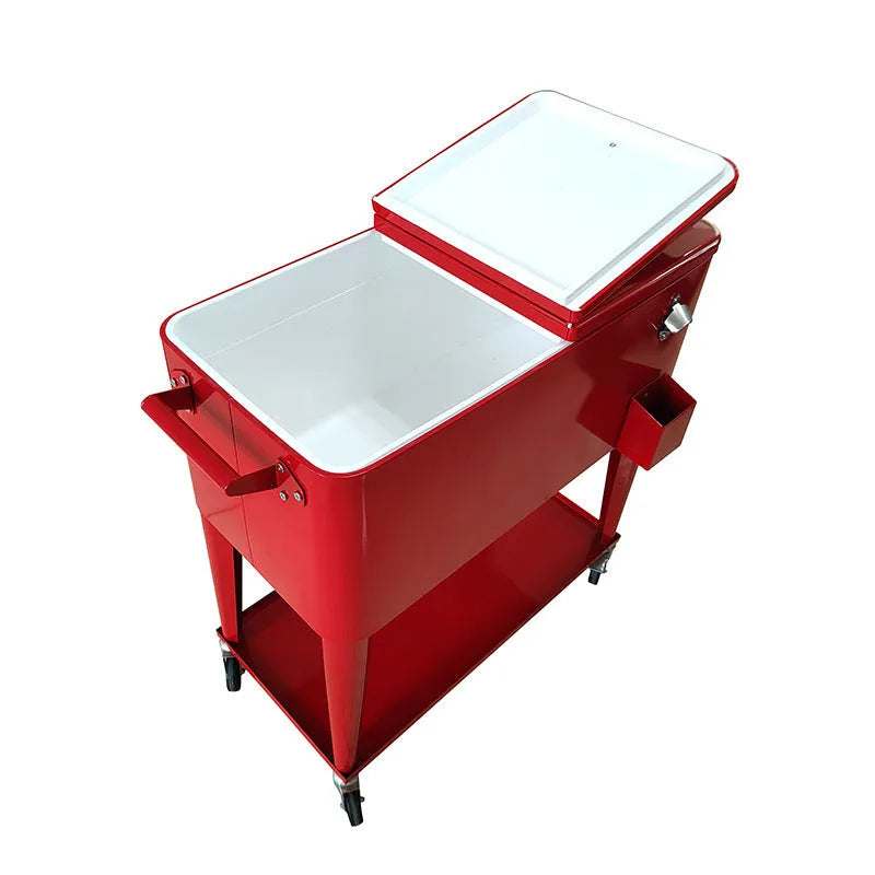 Red metal insulated picnic trolley with wheels and handle, 750ml capacity