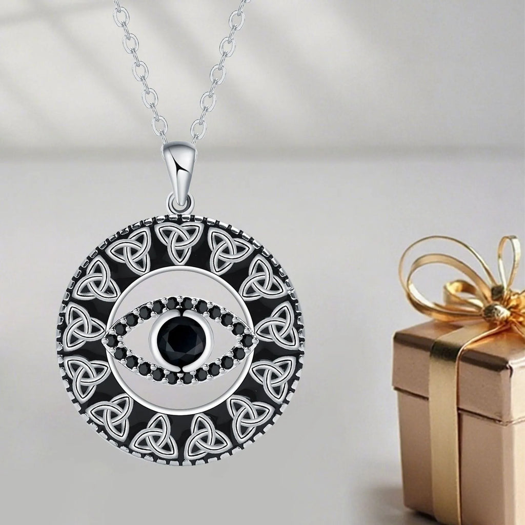 Copper devil's eye pendant necklace for women with a cross chain style and electroplated finish.