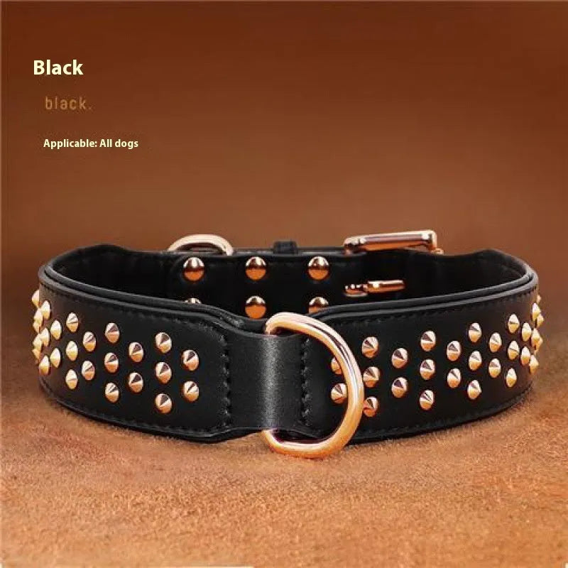 Genuine leather dog collar with metal rivet studs and a strong metal buckle in black, chocolate, or pink colour.