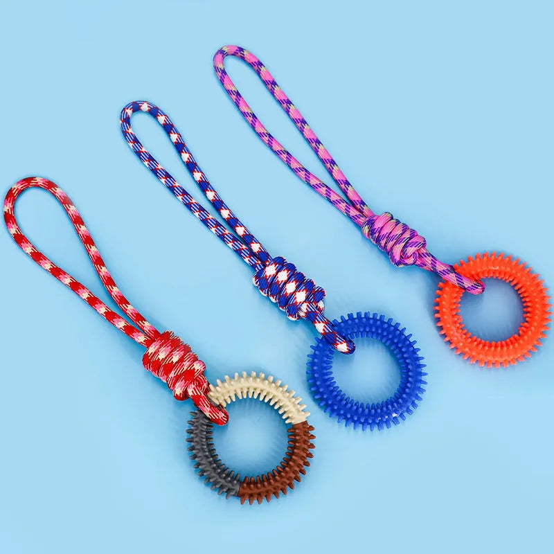 Braided cotton rope dog toy with knotted ends in assorted colours, measuring 43 cm long.