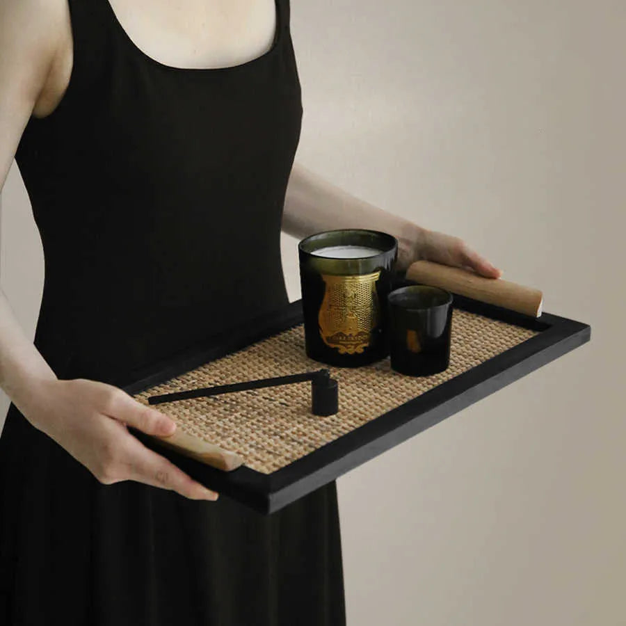Pine wood dining tray with multiple compartments for organising cups, plates and cutlery