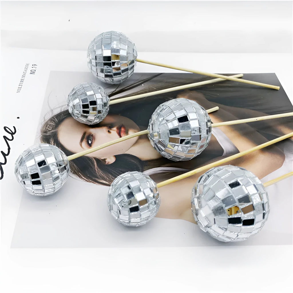 Glass disco ball cake decoration on wooden stick in multiple sizes for birthday cakes