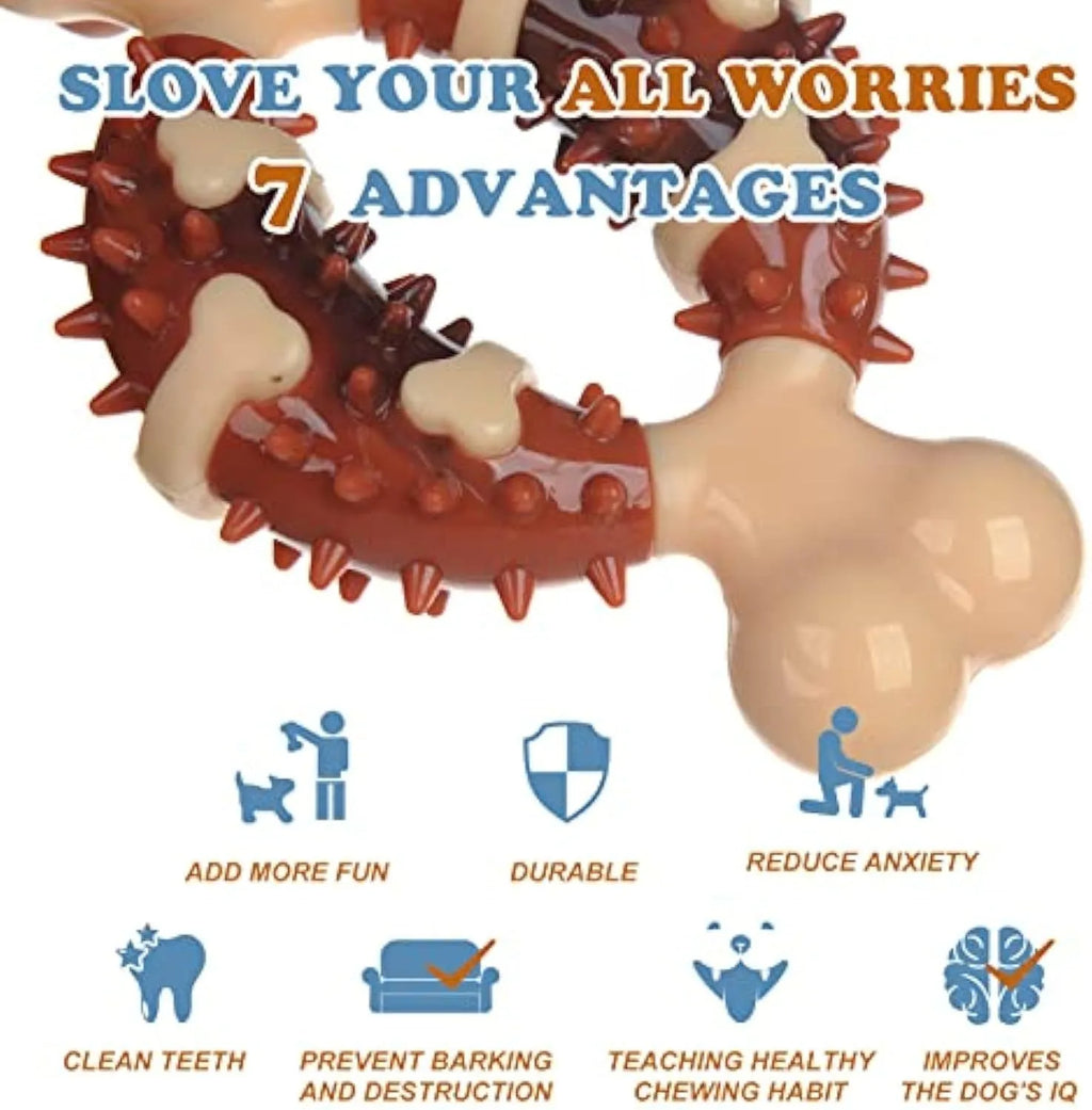 Natural rubber bone-shaped dog molar chew toy for teeth grinding and anxiety relief in two sizes.