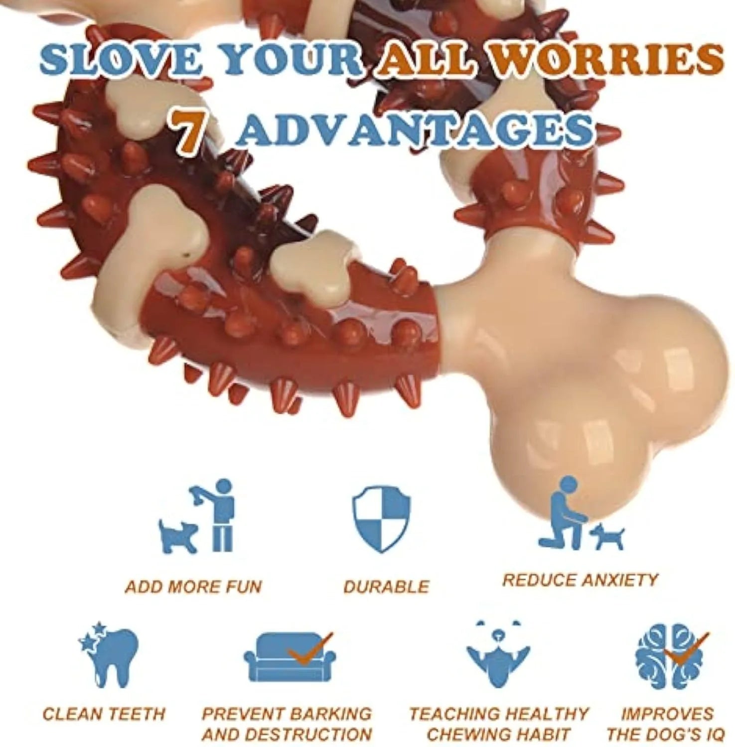 Natural rubber bone-shaped dog molar chew toy for teeth grinding and anxiety relief in two sizes.