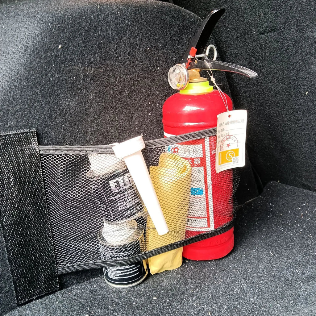 Elastic polyester mesh car boot storage net shown in a vehicle trunk.