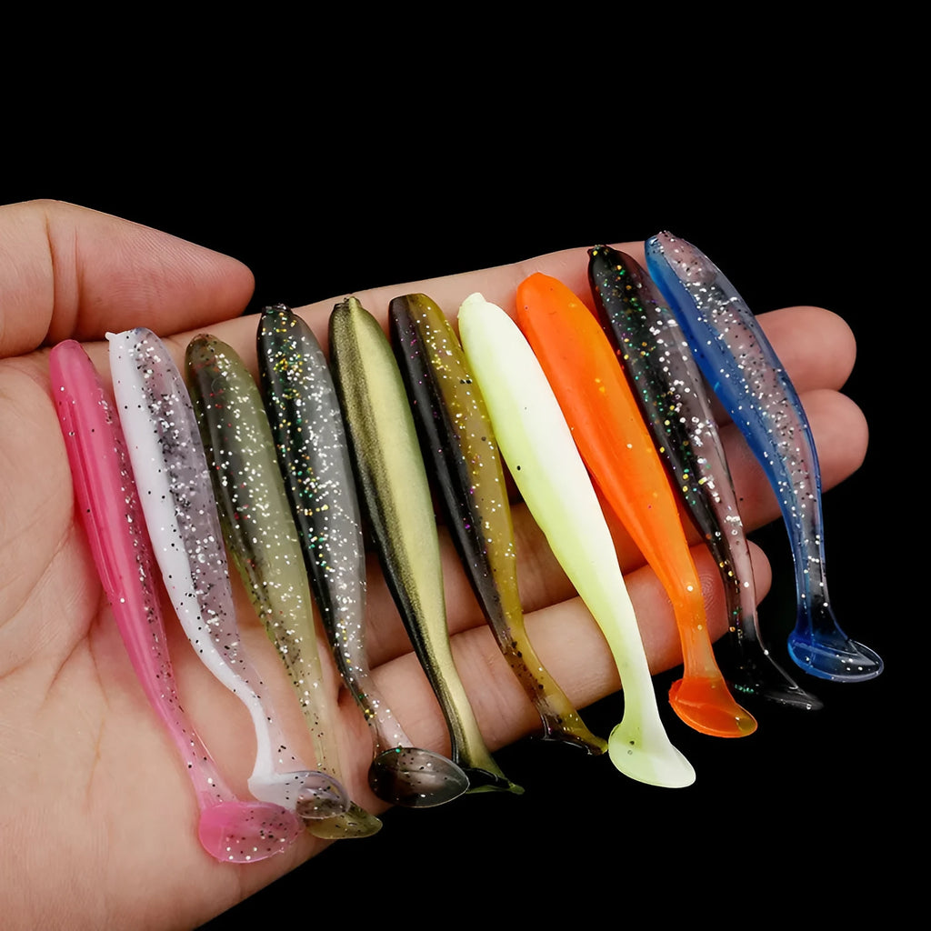 Soft plastic two-tone T-tail fishing lure measuring 7cm, shown in one of 14 available colour styles.