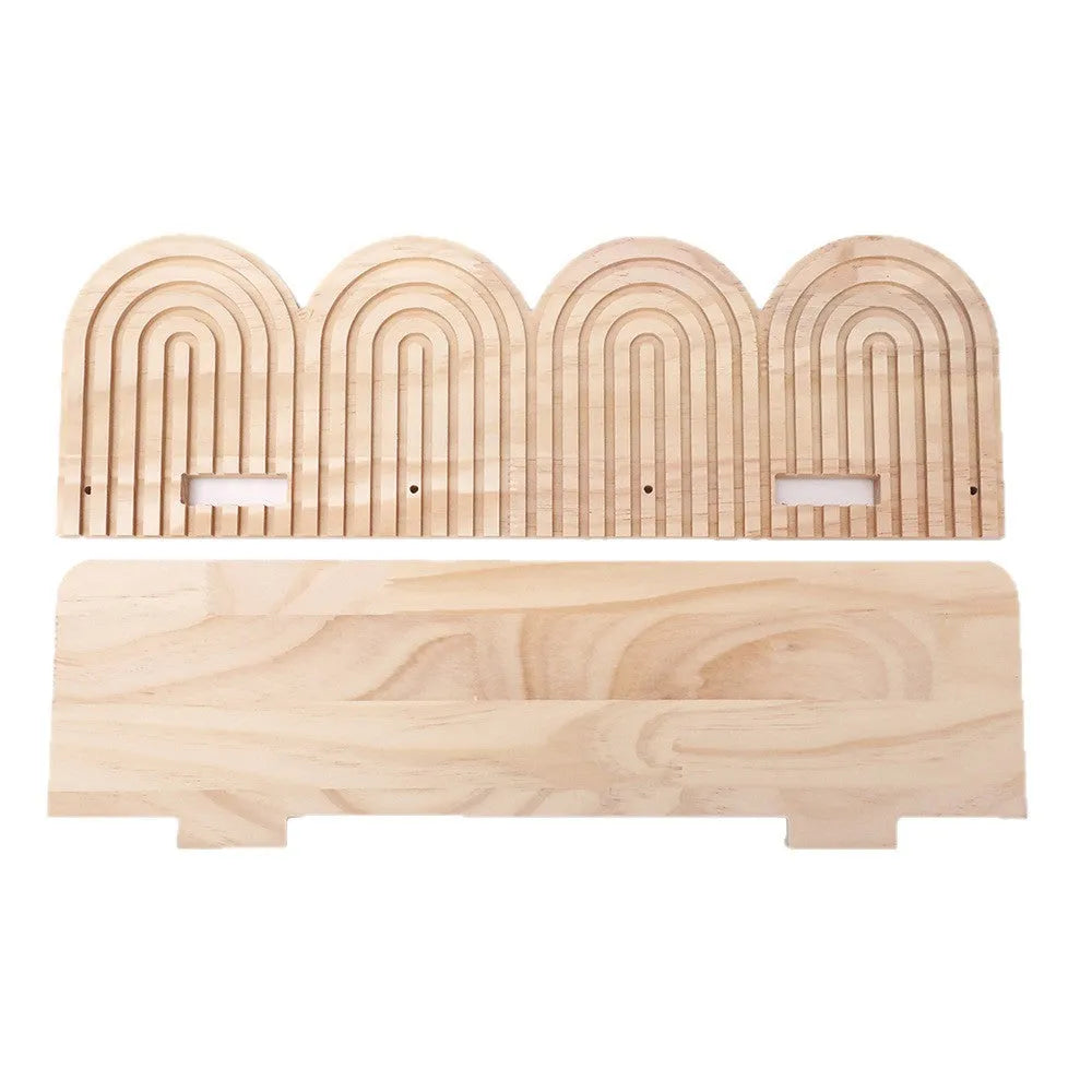 Solid wood multi-layer wall-mounted shelf holding several small potted plants.