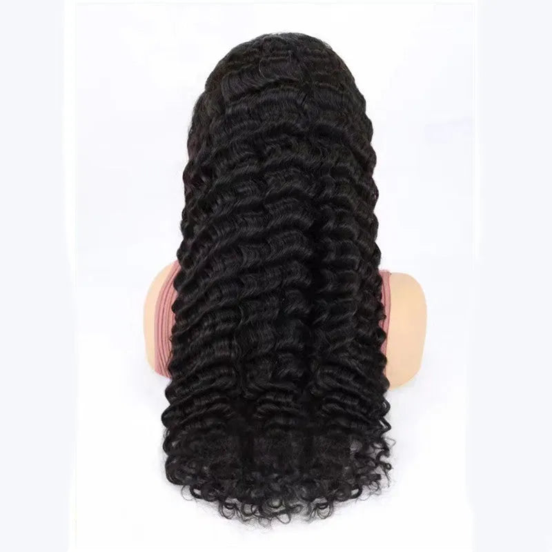 Solid colour human hair wig with half lace front, shown in a long length.
