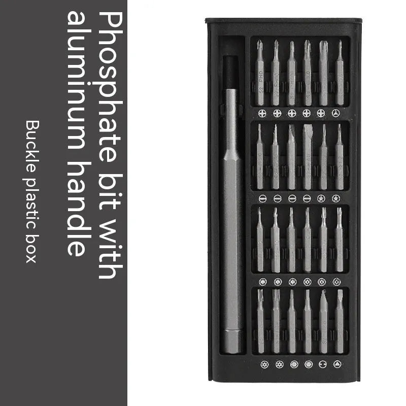24 in 1 magnetic screwdriver set with aluminium and plastic handles showing bits and cutter bars