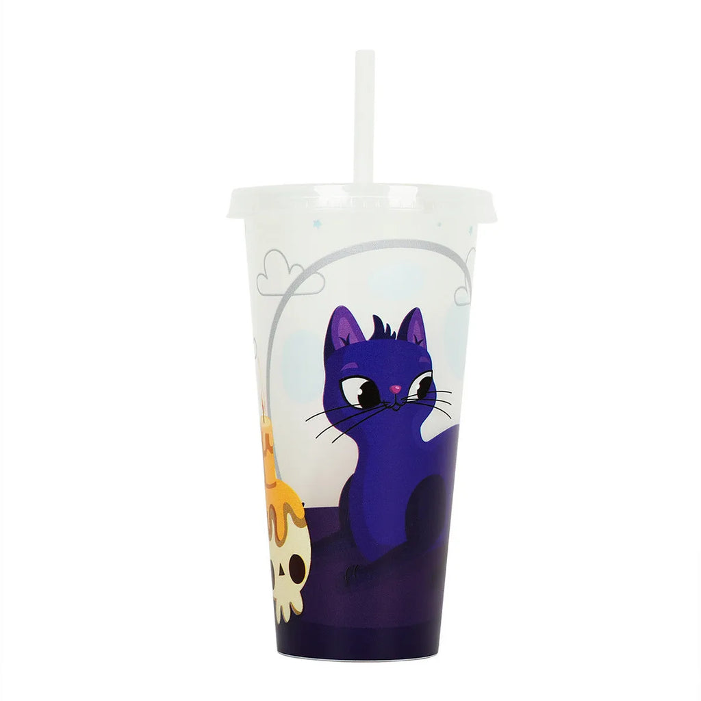 720ml luminous plastic sippy cup with straw for Halloween, cylindrical shape with purple/green glow