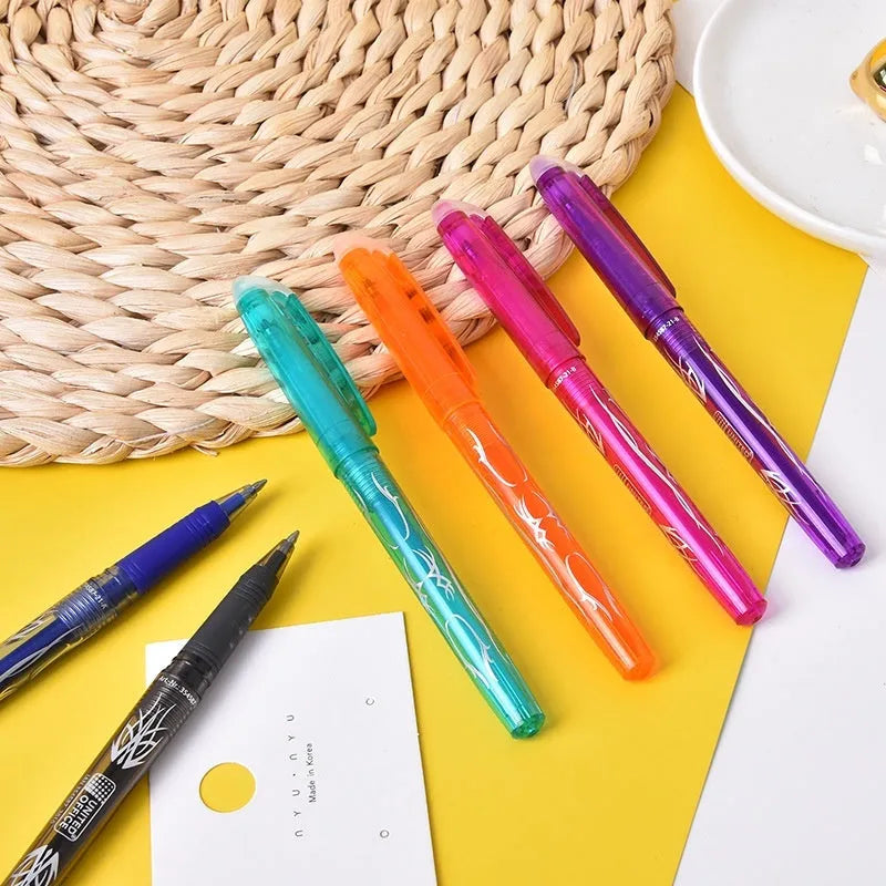 Heat-erasable gel pen with stainless steel nib in 0.5mm or 0.7mm sizes and water-based paint ink
