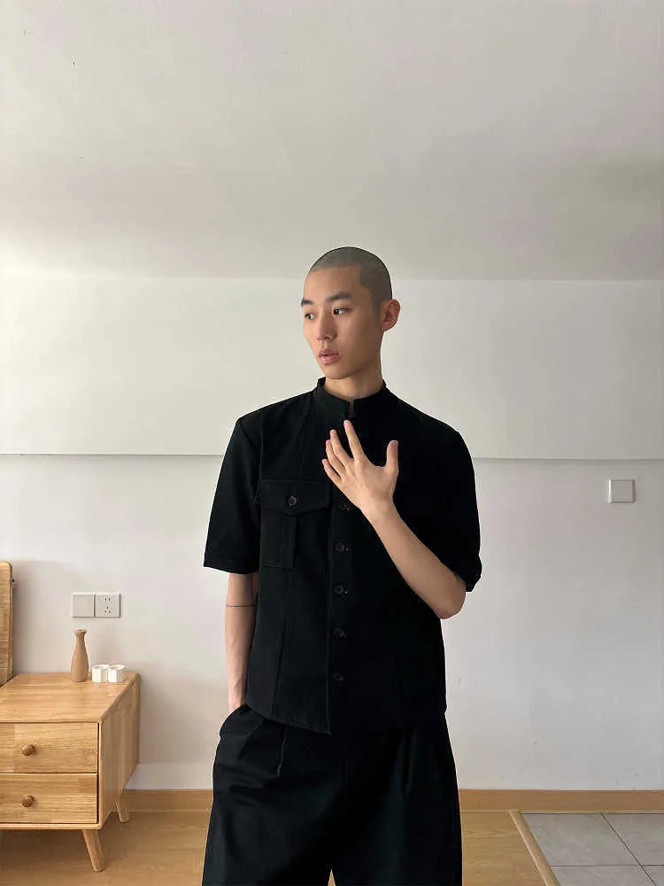 Handmade black half sleeve hunting shirt with shirt collar and single-breasted placket