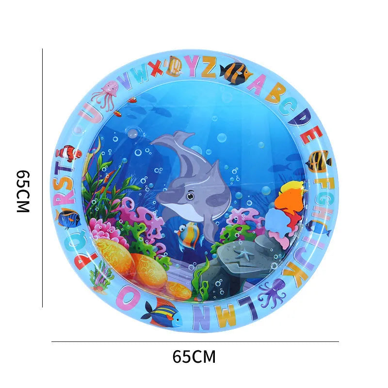 Large blue ocean-themed water playmat for cats and dogs with floating fish toys inside
