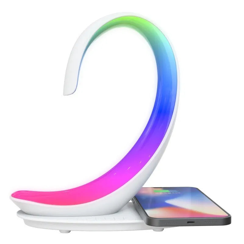 White swan desktop wireless charger with Bluetooth speaker and colourful atmospheric lighting