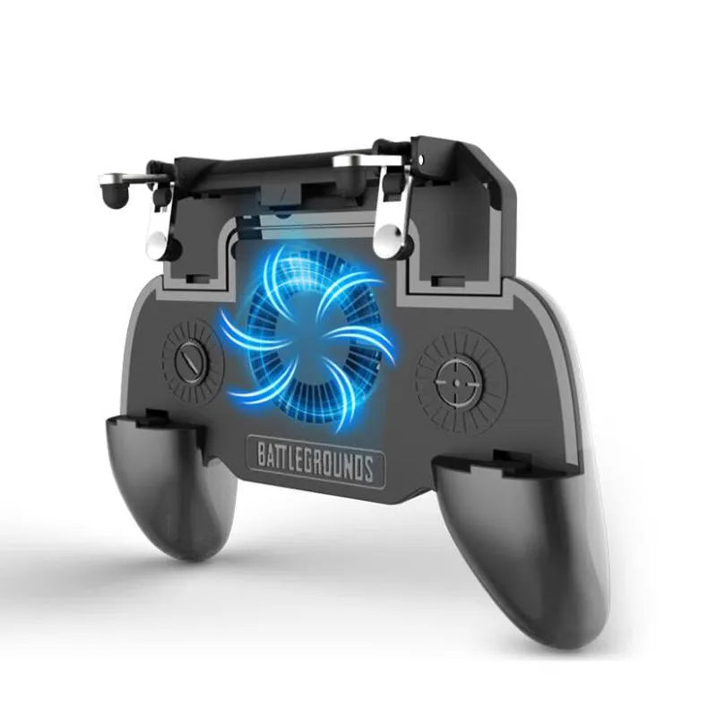 Black mobile phone game controller with USB connector and aluminium alloy frame attached to a smartphone.