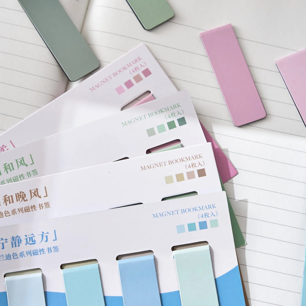 Four Morandi colour block magnetic bookmarks in pastel tones with miniature design
