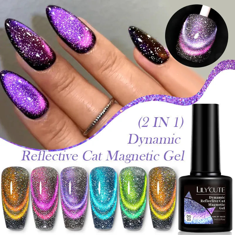 Cat eye series UV gel nail polish bottles showing diamond debris effect with glitter and fragments in six colour styles