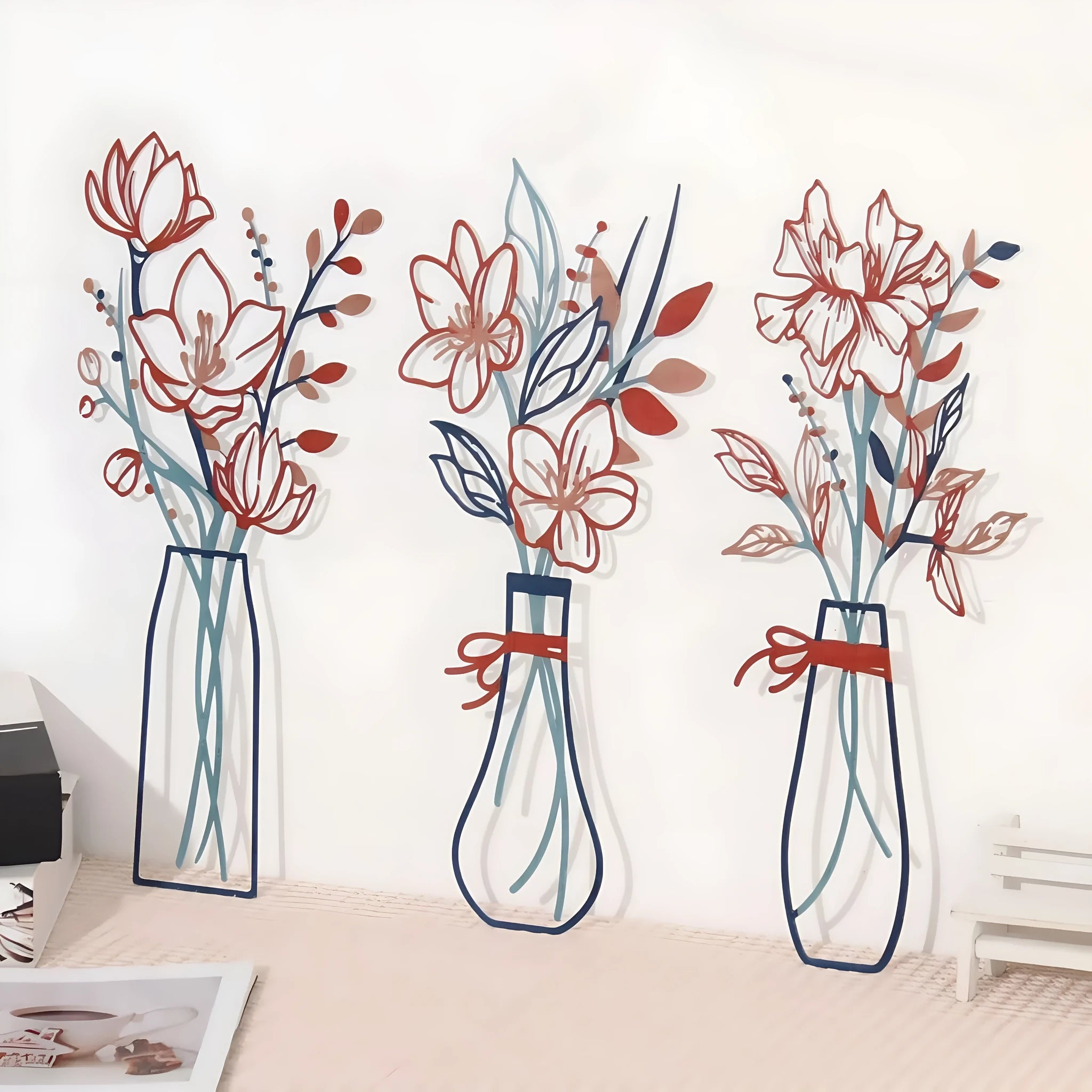 Set of three metal flowers wall art pieces with alloy construction and colour vase designs