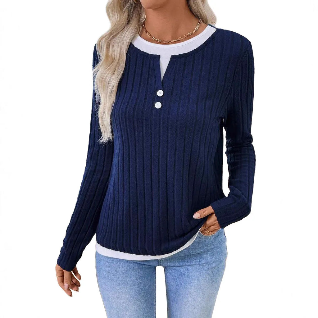 Women's fake two-piece pullover sweater with round neck, button details, and concave stripe pattern in solid colour