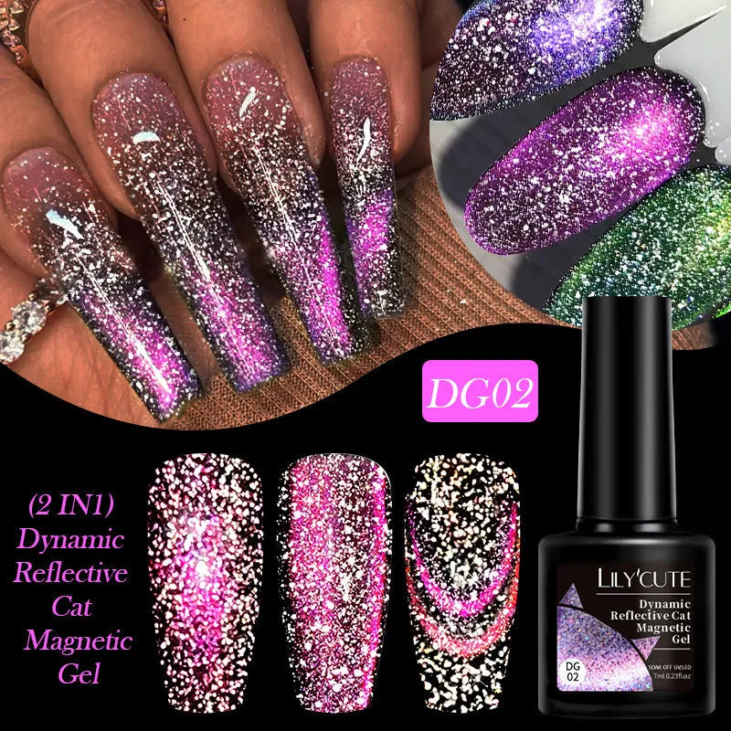 Cat eye series UV gel nail polish bottles showing diamond debris effect with glitter and fragments in six colour styles