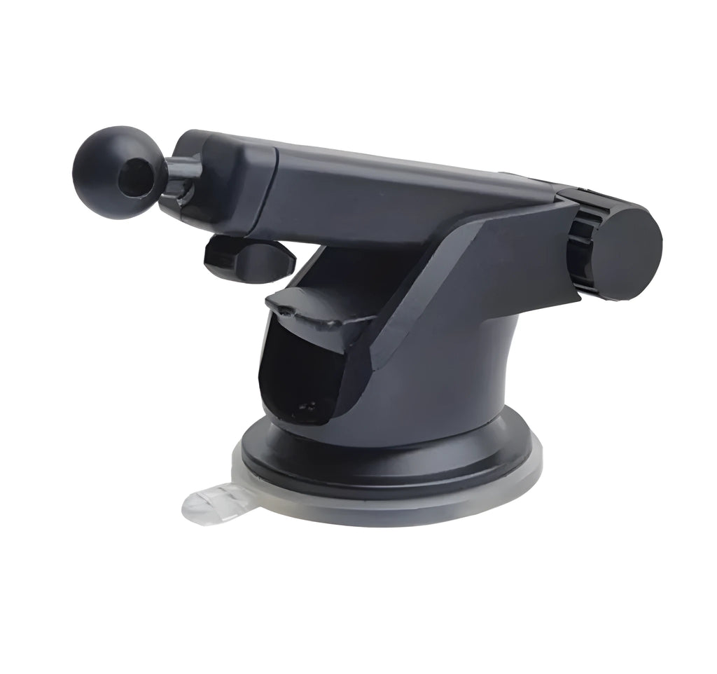 Black universal car phone bracket with telescopic long rod extended to show adjustable reach