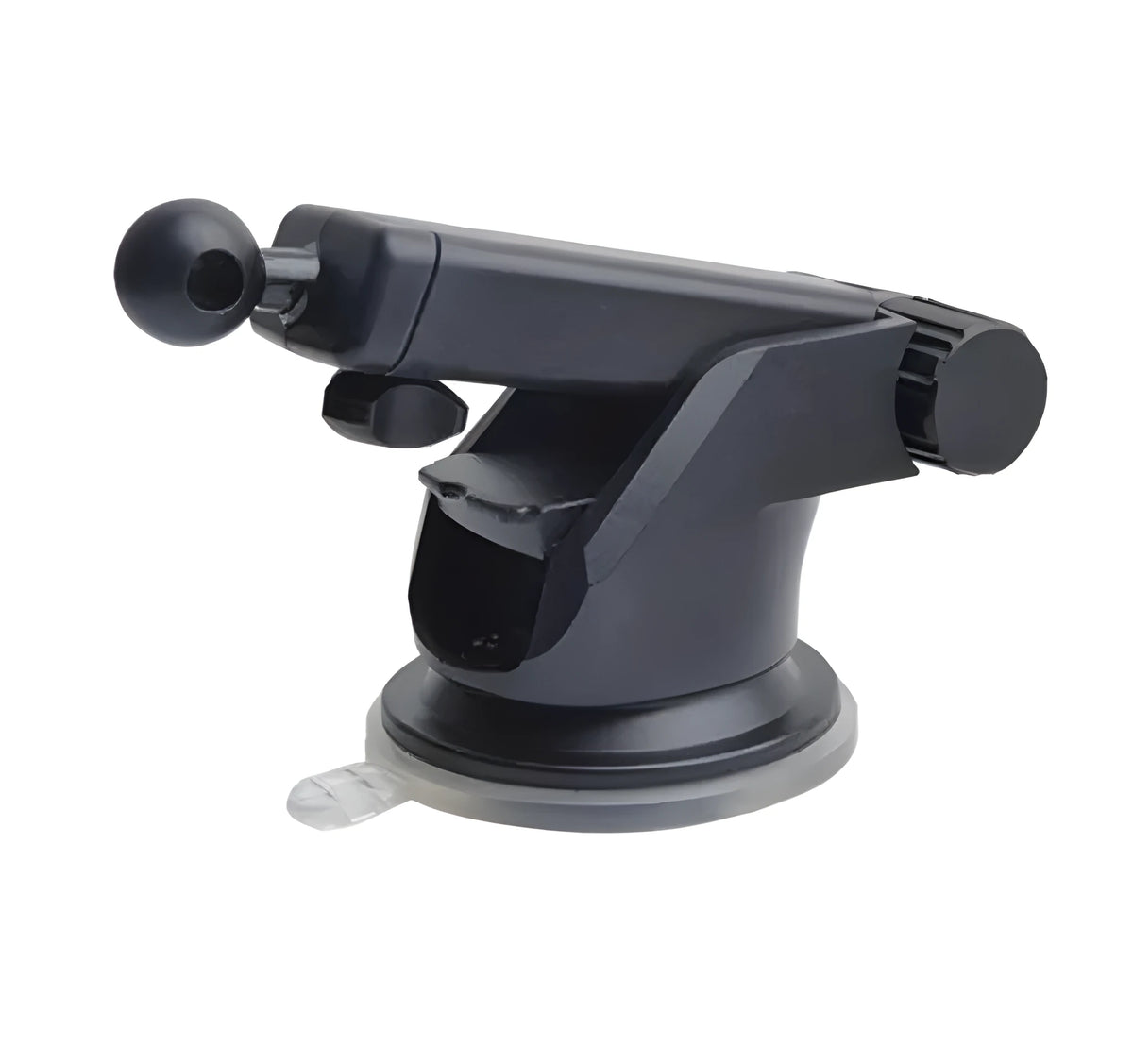 Black universal car phone bracket with telescopic long rod extended to show adjustable reach