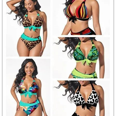 Women's colourful printed plus size bikini swimsuit on a hanger, showing one of five available figure print designs.