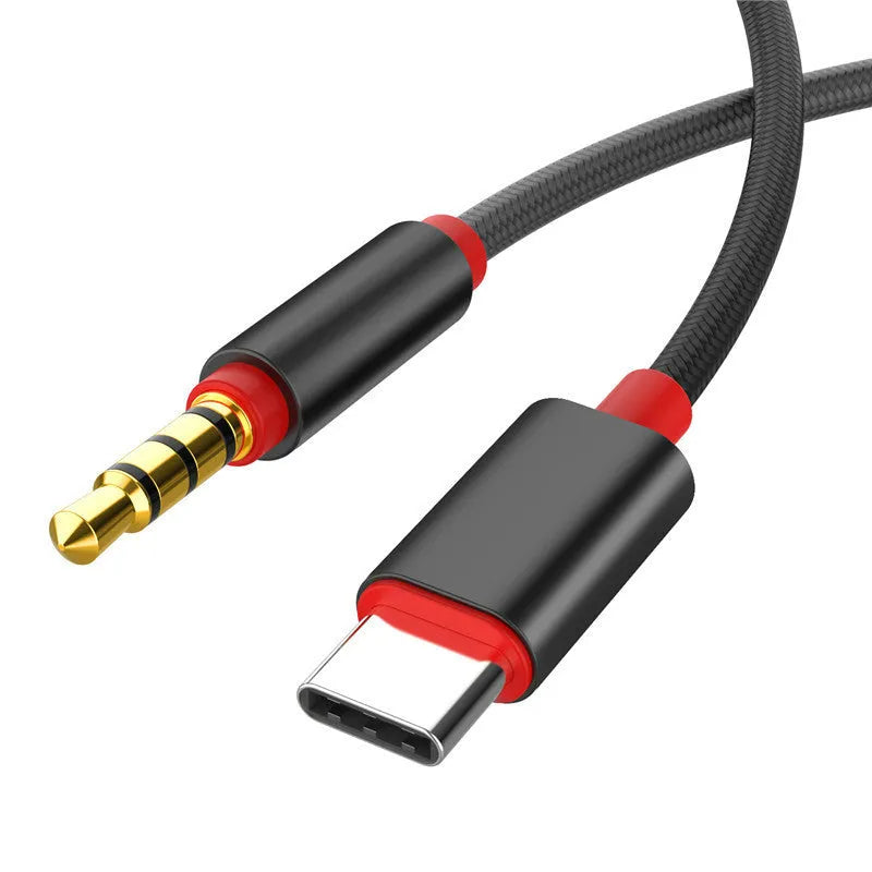 Silver and black nylon audio cable for headphones and car adapter, shown in different lengths.