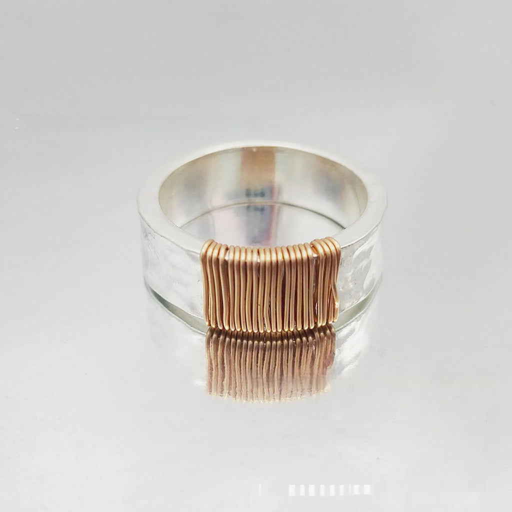 Copper simple bracelet wide face ring with electroplated silver golden coil finish showing geometric modelling