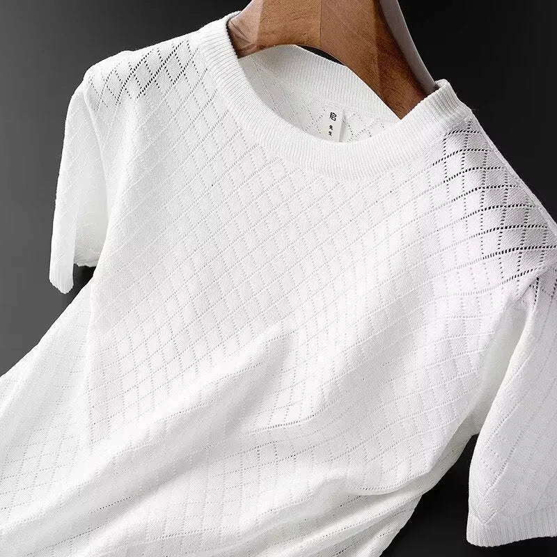Men's Korean style ice silk V-neck t-shirt in white or black colours