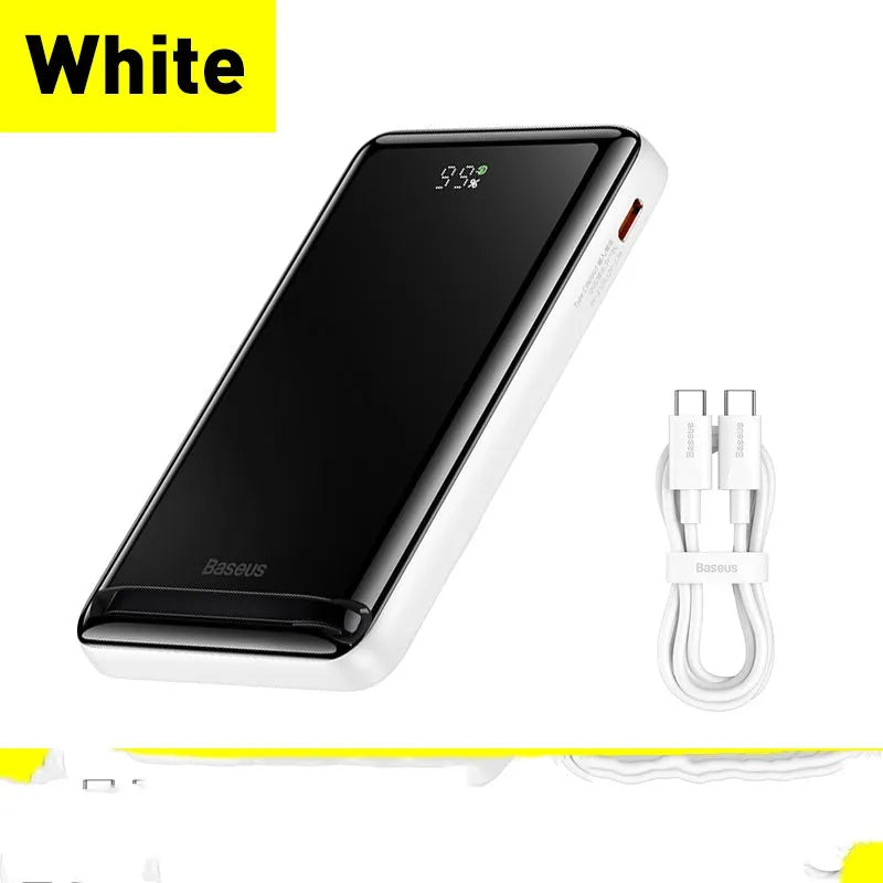 Slim magnetic wireless power bank in blue colour showing compact dimensions and charging cable