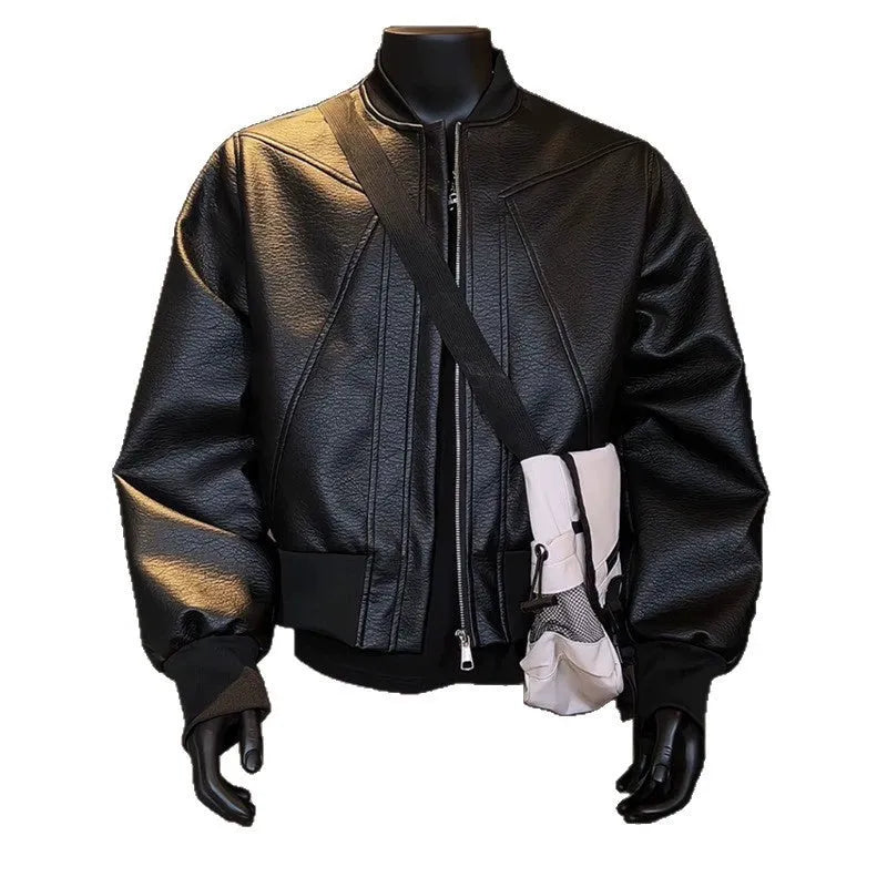 Men's black PU litchi leather jacket with extended length body in slim fit