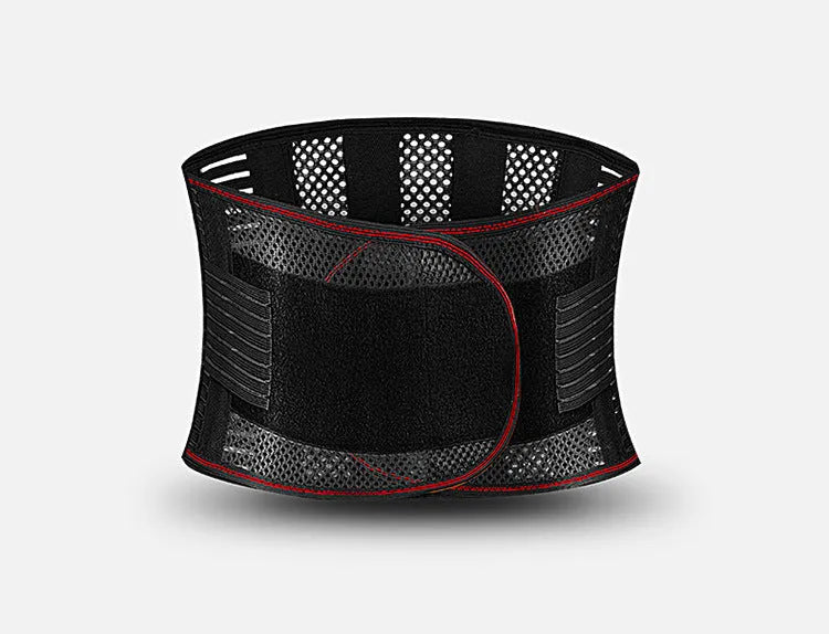 Black adjustable sports waist support belt with internal steel plate for lumbar decompression.
