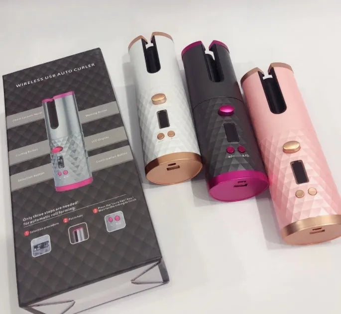 White portable curling iron with USB charging cable, gold ceramic barrel, and digital temperature display.