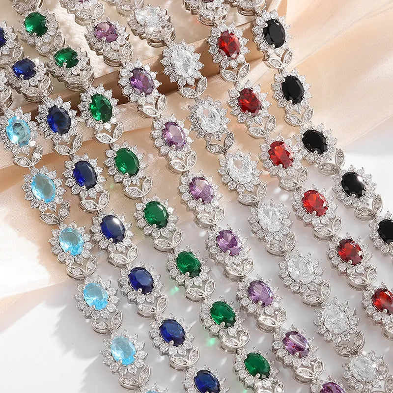 Women's simple zircon bracelet with coloured gemstone settings on electroplated environmentally friendly alloy