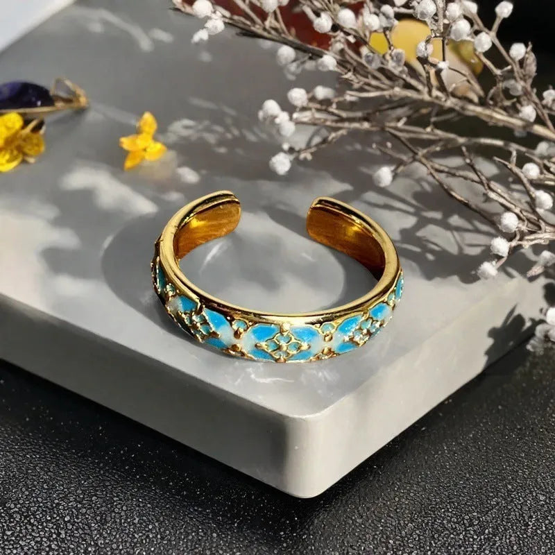 Adjustable copper gourd ring with vintage oil dripping finish and New Chinese style decoration