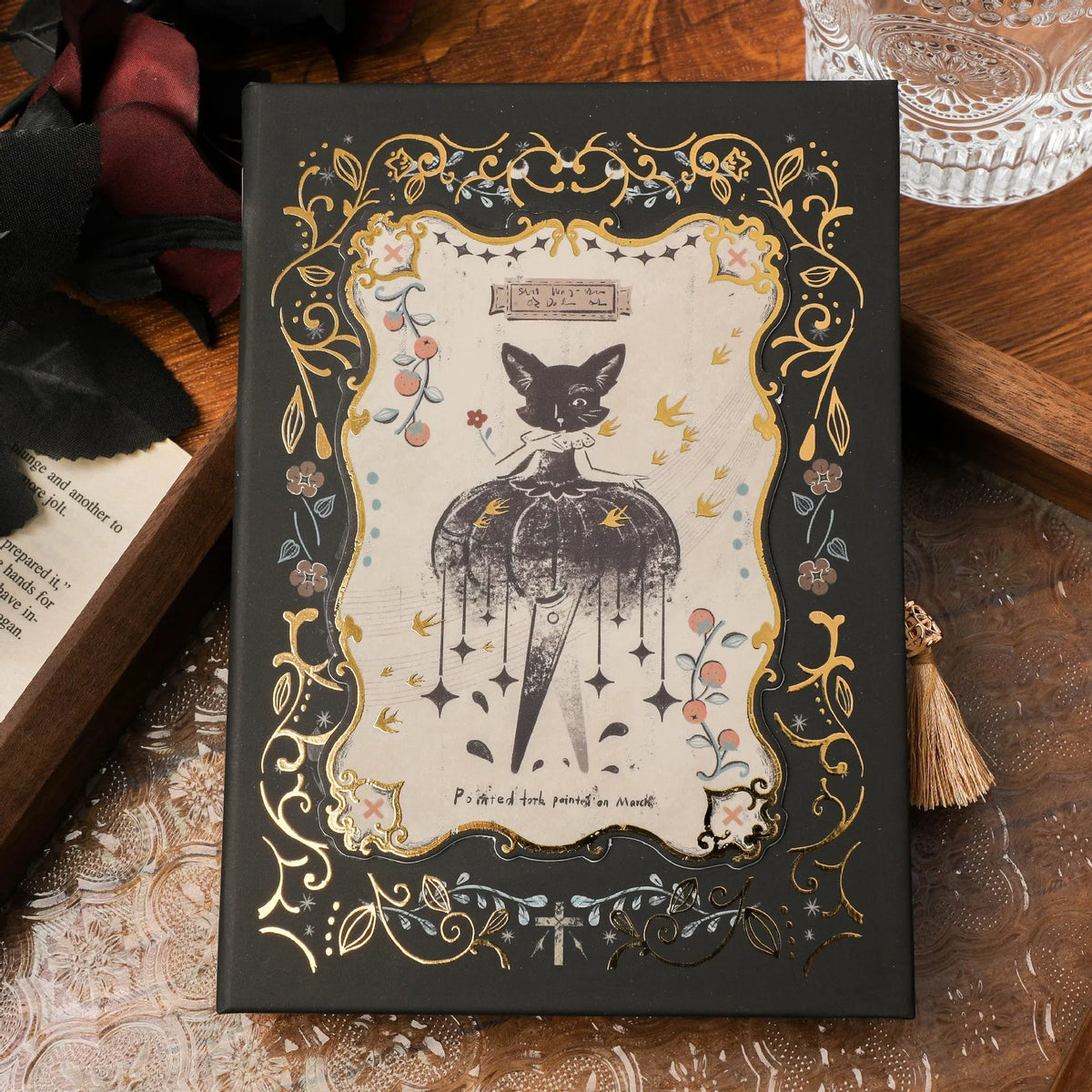THALO A5 retro art notebook with gothic style cover, open on wood pulp paper.