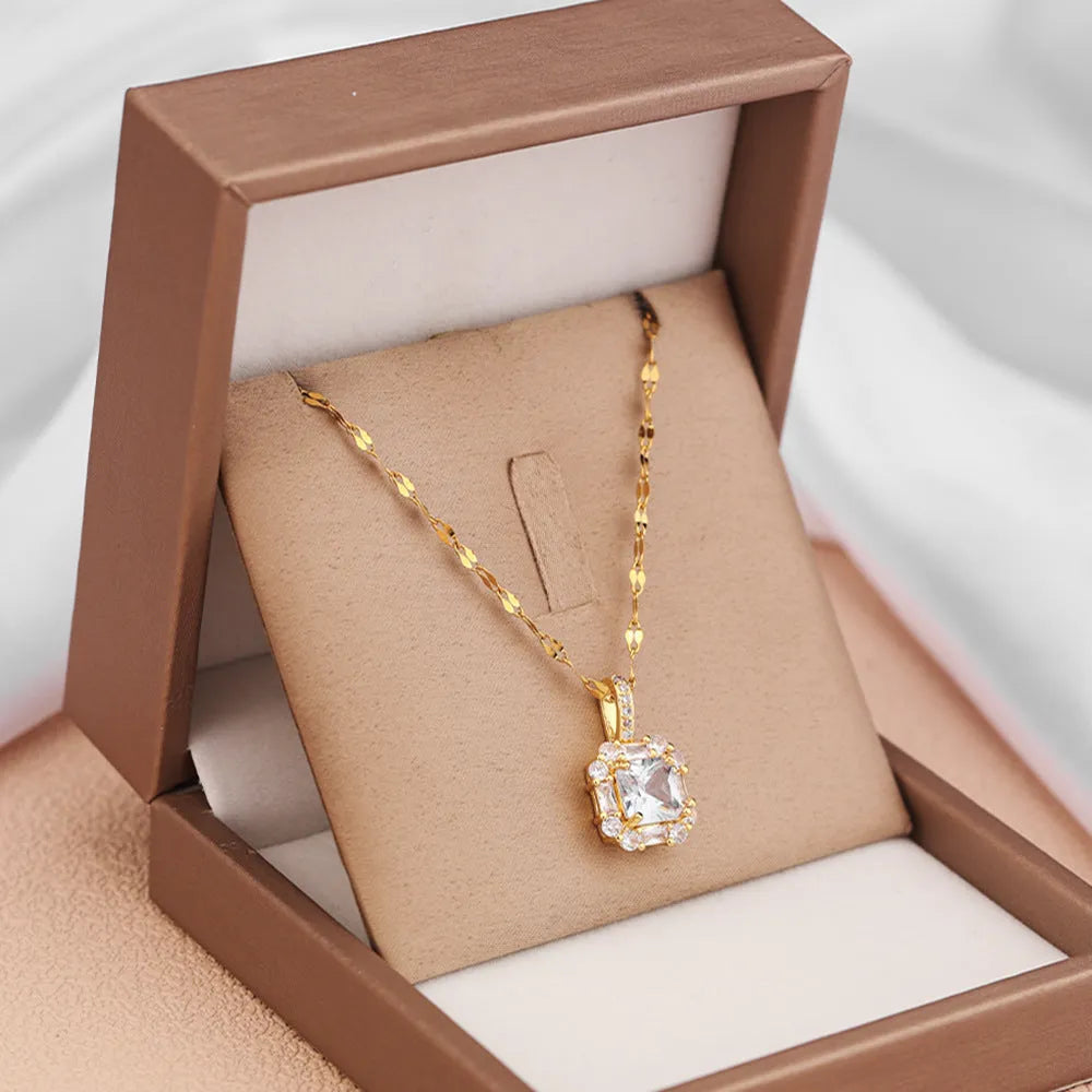 Women's titanium steel clavicle chain with geometric quadrilateral gem pendant and water wave chain