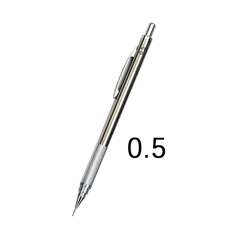 Metal automatic mechanical pencil shown with various lead size options including 0.5mm, 0.7mm, and 2.0mm.