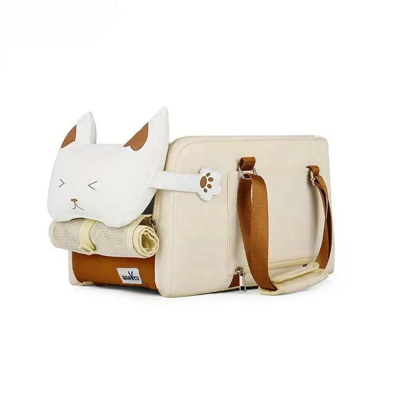 Beige hard-sided pet travel crate with a one-shoulder carry strap, shown with dimensions 43cm by 25cm by 22.5cm.